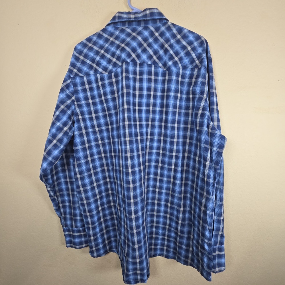 Wrangler Pearl Snap Shirt 2XT 2XL Tall Blue Plaid Western Cowboy work wedding - Picture 9 of 9
